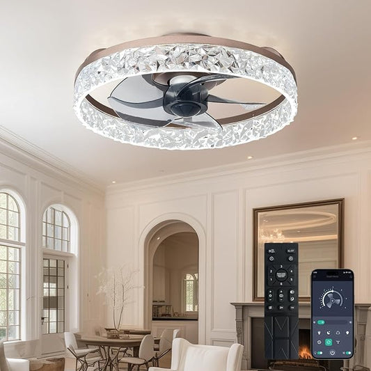 Depuley Ceiling Fans with Lights and Remote: 16" Modern Low Profile Flush Mount Ceiling Fan with App Remote Control - Brown Fandelier for Bedroom Living Room Kitchen Dimmable Quiet DC Motor