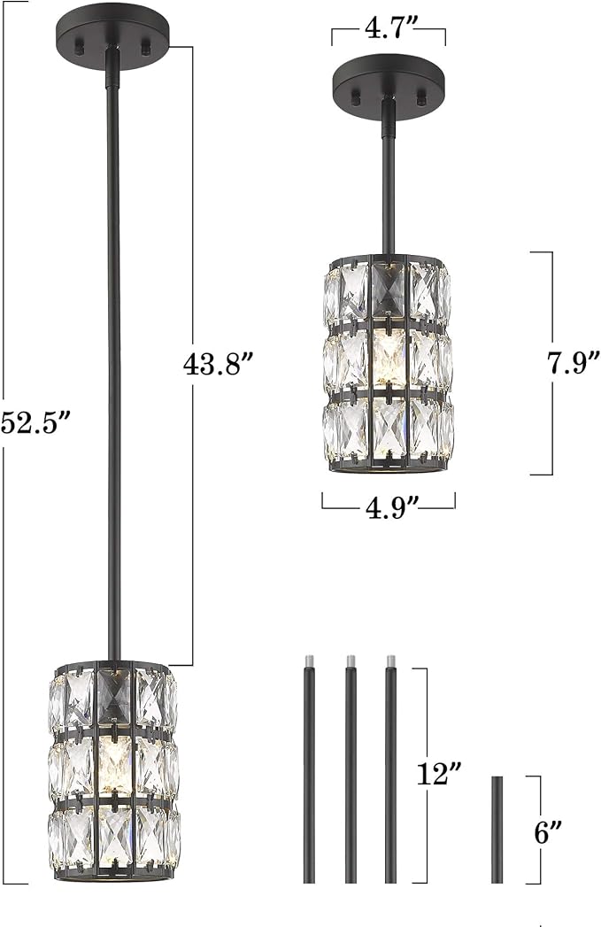 CALDION Farmhouse Crystal Pendant Light, 1-Light Black Pendant Lights Kitchen Island Mini Crystal Chandelier Dining Room Adjustable Hanging Ceiling Light for Bedroom Cloakroom Entryway Hallway Bar