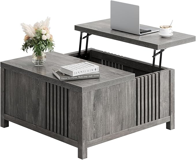 Farmhouse Lift Top Coffee Table with Storage, 35" Square Large Coffee Table with Hidden Compartment, Rustic Wood Center Table for Living Room, Grey Oak