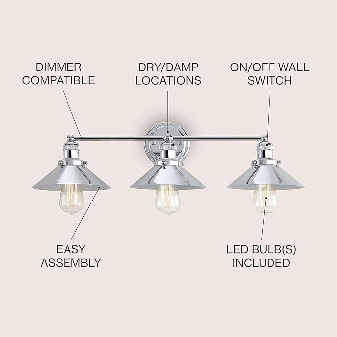 JONATHAN Y 7.88" Chrome 1-Light Industrial Farmhouse Metal Vanity Light Wall Sconce, Metal Shade for Bathroom Mirror, Kitchen, Entryway, LED Bulb Included (JYL7425A)