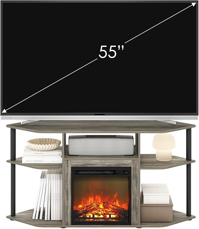 Furinno Jensen Fireplace TV Stand, Corner Entertainment Center, TV Console for TV up to 55 Inch with Fireplace, Plastic Poles and Open Storage, for Living Room, Bedroom, French Oak Grey