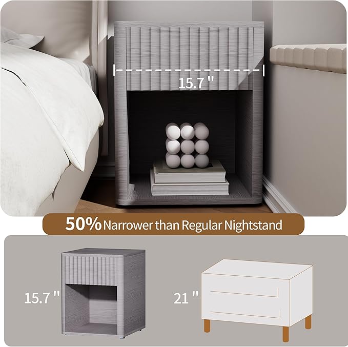 VICITON Fluted Narrow Night Stand,Thin Nightstand with Leather Surface, Small End Table with Storage, Living Room/Bed Side Table for Small Spaces (Light Gray, Large)