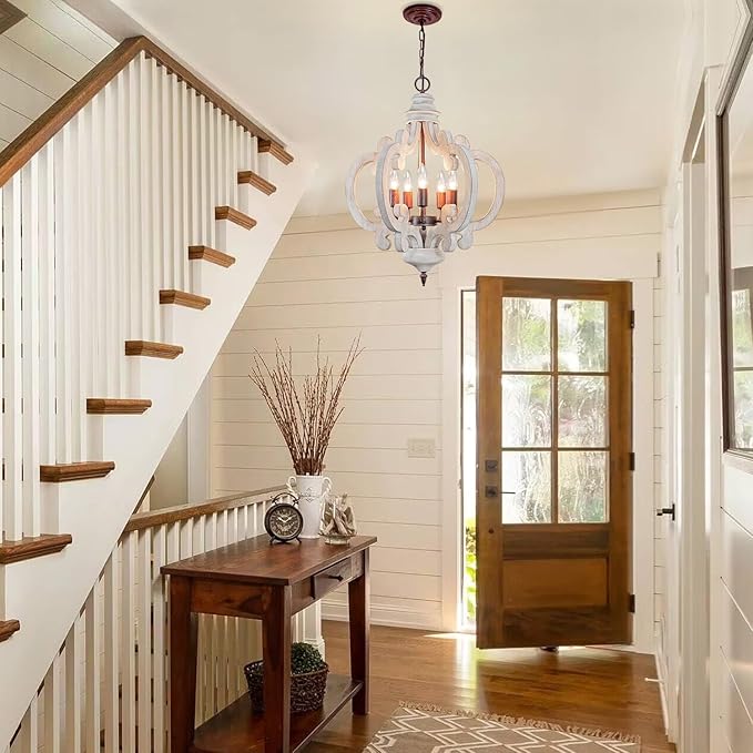 5-Lights Wood Farmhouse Chandelier, Dining Room Light Fixture, Industrial Rustic Farmhouse Chandeliers for Dining Room Kitchen Island Bedroom Foyer Hallway Front Door