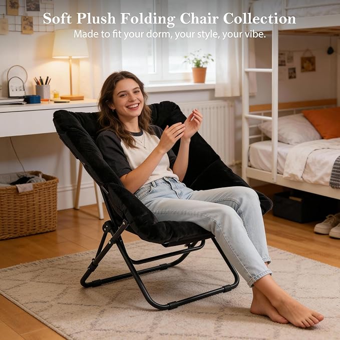 Saucer Chair, Comfy Bedroom Chairs, Oversized Folding Faux Fur Chair, Foldable Metal Frame Chair for Bedroom, Patio, Study, Playroom (Black)