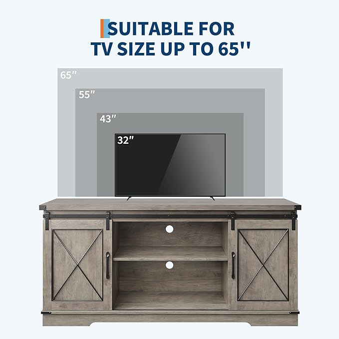 GarveeHome Farmhouse TV Stand for TV up to 65 in and Entertainment Center with Sliding Barn Doors and Adjustable Shelf, Tv Media Console Table with Storage Cabinet for Living Room, Bedroom, Grey