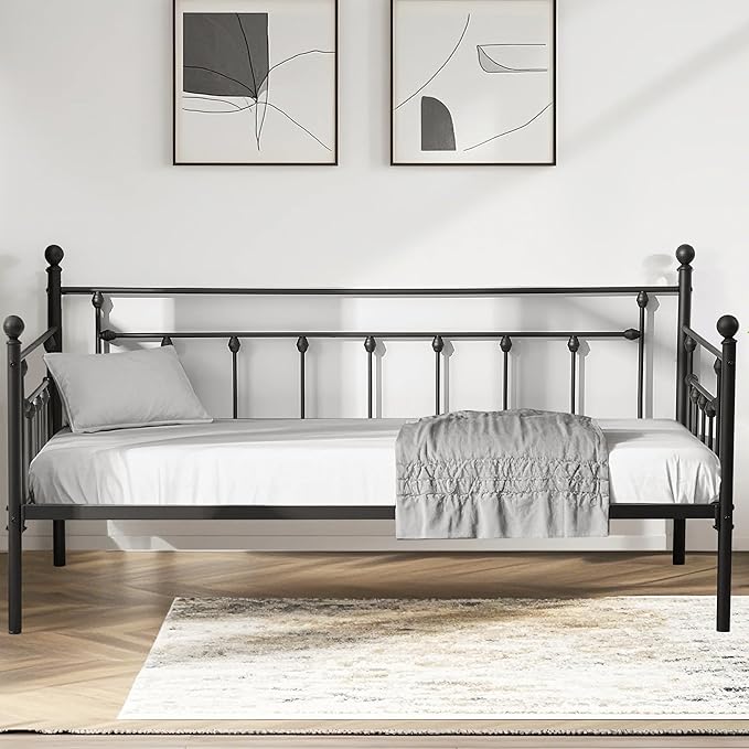 VECELO Daybed Frame, Twin Size Metal Platform Bed with Headboard,Heavy Duty Steel Slats Support for Living Room Bedroom Guest Room, Easy Assembly