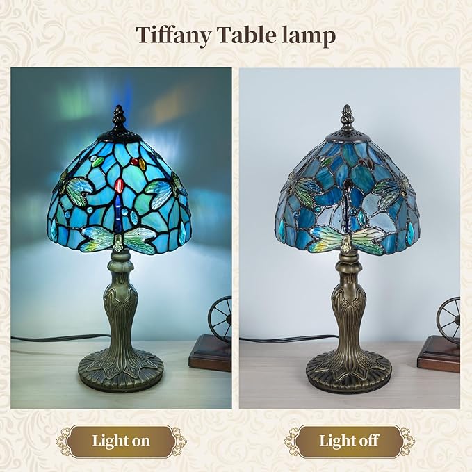 Small Tiffany Table Lamp, 3 Color-Temperature Dragonfly Stained Glass Lamp,8 Inch Tiffany Style Lamp for Bedroom Living Room Home, Handcrafted Light, Included Bulb (Blue)