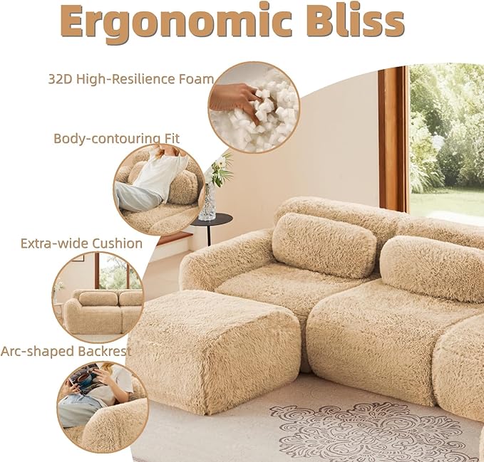 149" Modular Sectional Sofa, Modern Sectional Couch, U-Shape Boneless Couch for Living Room Apartments Bedroom, 32D High Density Sponge Lounge Sofa, No Assembly Required, Light Khaki