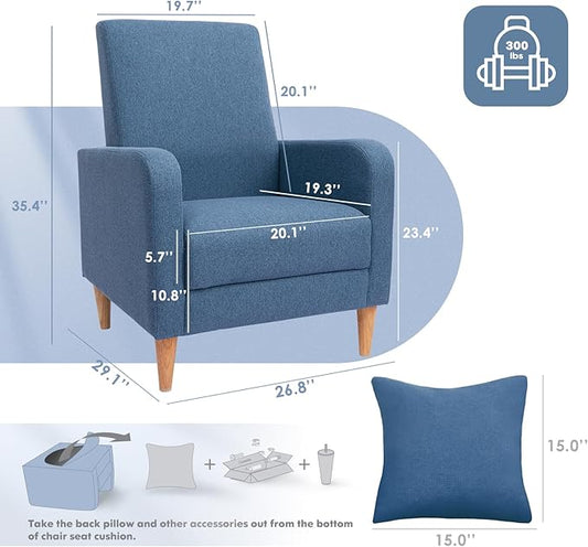 COLAMY Modern Upholstered Accent Chair Armchair with Pillow, Fabric Reading Living Room Side Chair,Single Sofa with Lounge Seat and Wood Legs, Blue