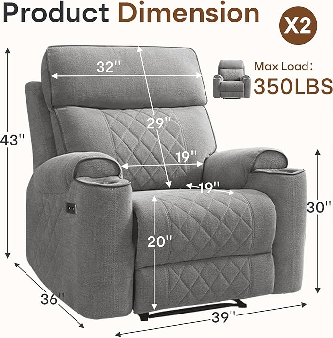 HAOMARKETS Power Recliner Chair Set of 2 for Adults with USB Charging Port, Electric Recliners with Metal Cup Holders, Single Overstuffed Heavy Duty Reclining Sofa Chairs for Living Room, Light Grey