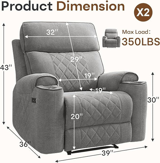 HAOMARKETS Power Recliner Chair Set of 2 for Adults with USB Charging Port, Electric Recliners with Metal Cup Holders, Single Overstuffed Heavy Duty Reclining Sofa Chairs for Living Room, Light Grey