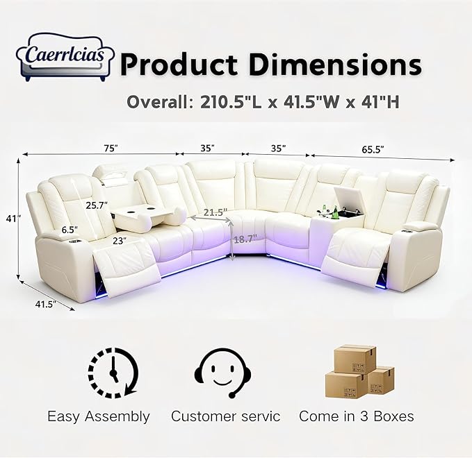 Power Recliner Sectional Sofa with LED Lights & Reading Lamps, Breathing Leather Corner Couch with USB Charging, Storage Console & Cup Holders in Every Armrest, Home Theater Seating for Living Room