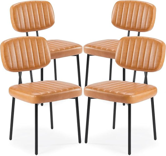 Sweetcrispy Dining Chairs Set of 4, Upholstered Mid Century Modern Kitchen Accent Chairs with Faux Leather Cushion Seat & Metal Legs for Home Office, Living Room - Brown