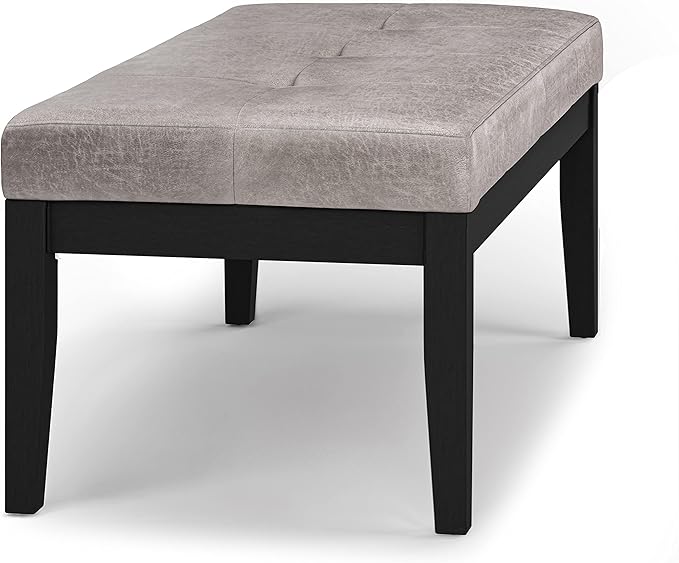 SIMPLIHOME Lacey Tufted Ottoman Bench - 41 inch Wide Upholstered Vegan Leather Rectangle Ottoman in Distressed Grey Taupe, Contemporary Bench for Bedroom or Entryway with Stitching Detail, Assembled