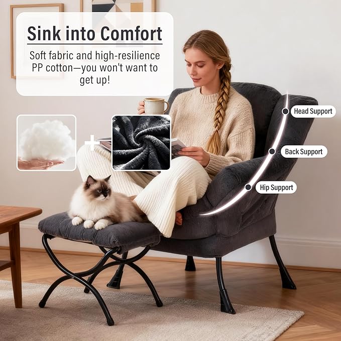 Lazy Chair with Ottoman, Modern Chair with Folding Footrest, Plush Navy Accent Chair, Comfortable Reading Chair, Oversized Armchairs for Bedroom, Study, Living Room, Courtyard