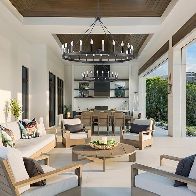 24-Light Black Wagon Wheel Chandelier Farmhouse, 48" Extra Large Chandeliers for High Ceilings, Round Matte Black Chandeliers for Dining Room, Kitchen Island, Foyer, Living Room, Entrance