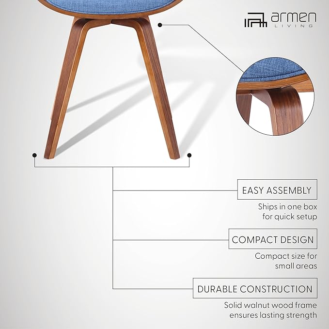 Armen Living Summer Mid-Century Chair in Blue Fabric with Walnut Wood Finish