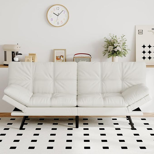 Futon Sofa Bed Convertible Couch, White Faux Leather Sofa Bed with Memory Foam, Adjustable Backrest & Armrests, Multifunctional Small Loveseat Sleeper Sofa for Living Room, Apartment, Office
