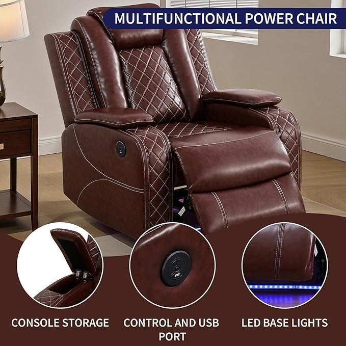 Power Recliner Sofa Set for Living Room, Leather Power Reclining Sofa Sets with LED Lights, Console Storage, Recliner Couch with USB Port(Chair,Red)