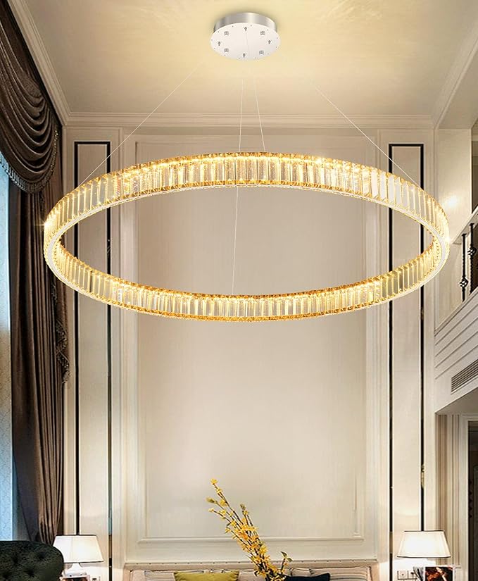 40'' Modern Ring Chandelier Crystal Chandeliers for Dining Room Round LED Dimmable Ceiling Light Fixture for Living Room Bedroom Lighting Silver