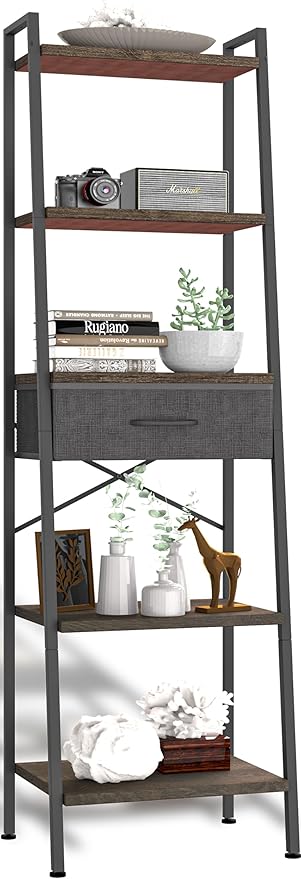 Whitmor 5-Tier Ladder Bookshelf with Drawer, Tall Narrow Bookcase with Wood Shelves & Metal Frame, Modern Display Storage Shelf for Living Room, Bedroom, Bathroom, Kitchen, Black