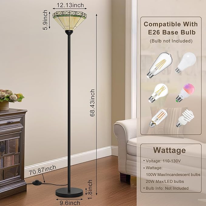 Seaside village Tiffany Floor Lamp, Torchiere Standing Lamp with Stained Glass Shade, Vintage Tall Pole Lamp with Foot Switch, Decorative Corner Light for Living Room Bedroom Home Office(E26 Base)