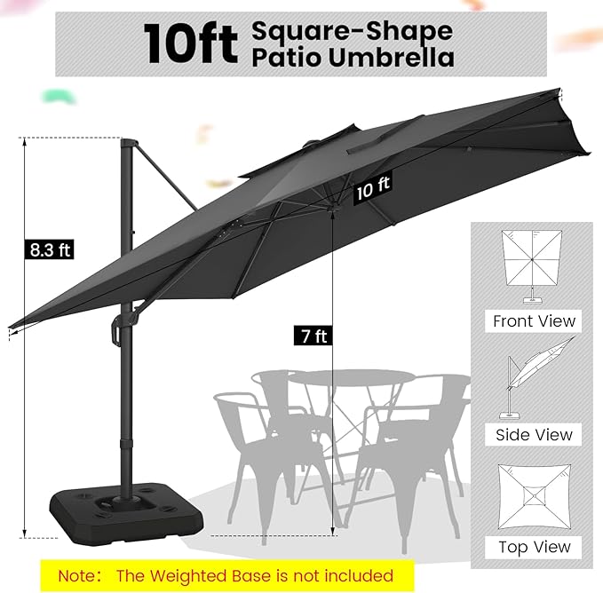 Hoteel 10ft Patio Umbrella Heavy Duty Aluminum Windproof & Shade Provision Outdoor Cantilever Double Top Offset Large Umbrella Height Adjustable with 360°Rotation for Patio Pool Deck Gazebo, Gray