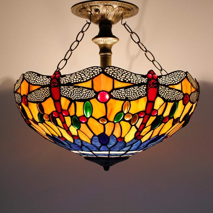 WERFACTORY Tiffany Ceiling Light Fixture Orange Blue Stained Glass Dragonfly Semi Flush Mount Lamp Wide 16 Inch Height 15 Inch Tiffany Ceiling Lamp S168 Series