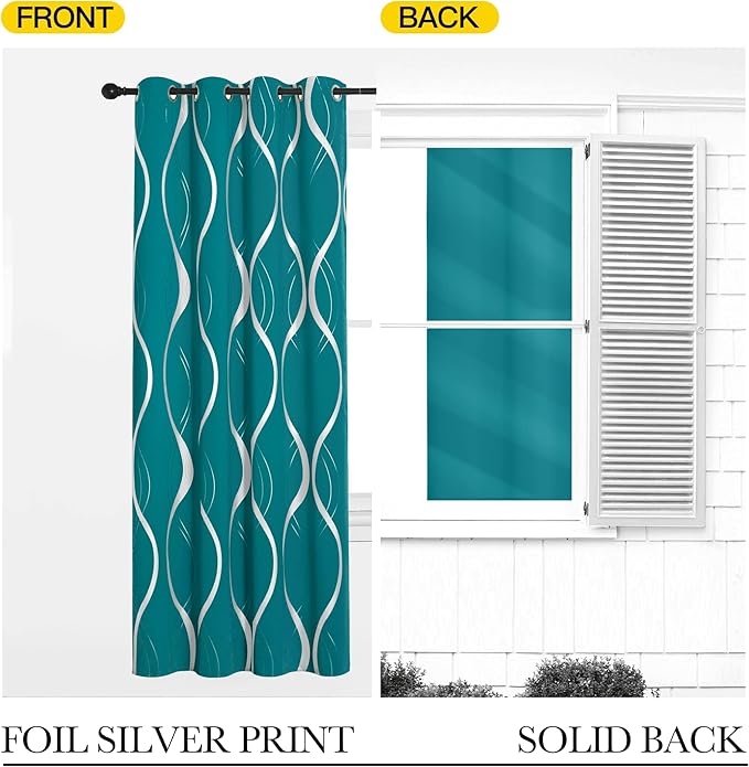 NICETOWN Room Darkening Curtains for Bedroom, Peacock Teal, 2 Panels, 52 x 84 inch, Noise Reducing Thermal Insulated Wave Line Foil Print Design Blackout Curtains for Storage Office Work Area