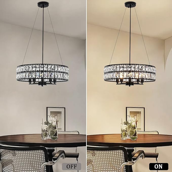 20" Black Crystal Chandelier, 5-Light Modern Dining Room Light Fixture Over Table Adjustable Height Hanging Industrial Pendant Lights Kitchen Island,Living Room Bedroom Entryway Foyer