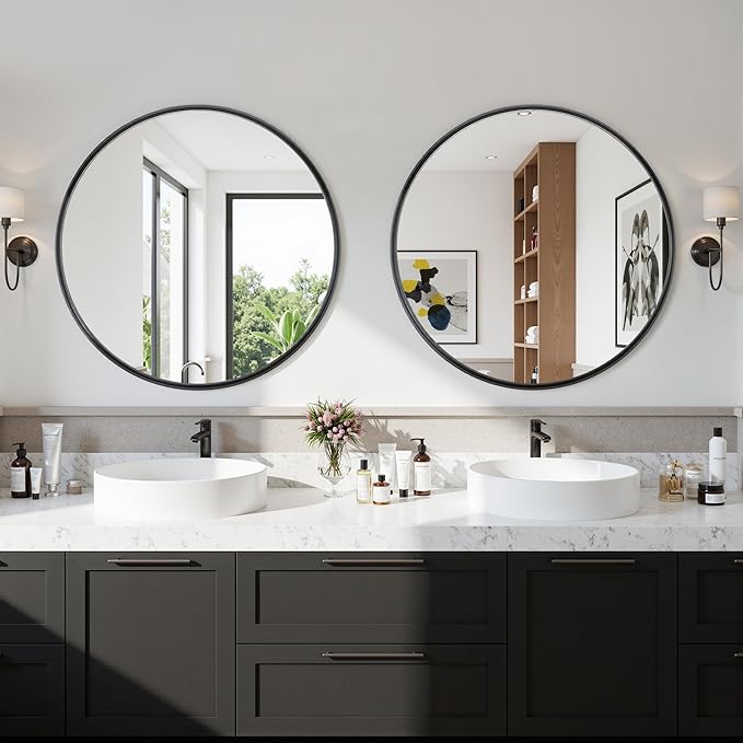 Suidia 2-Pack 30" x 30" Bathroom Mirror, Bathroom Vanity Mirror Metal Framed, Wall-Mounted Mirrors for Bedroom, Living Room, Entryway, Hallway, Black, Round Style