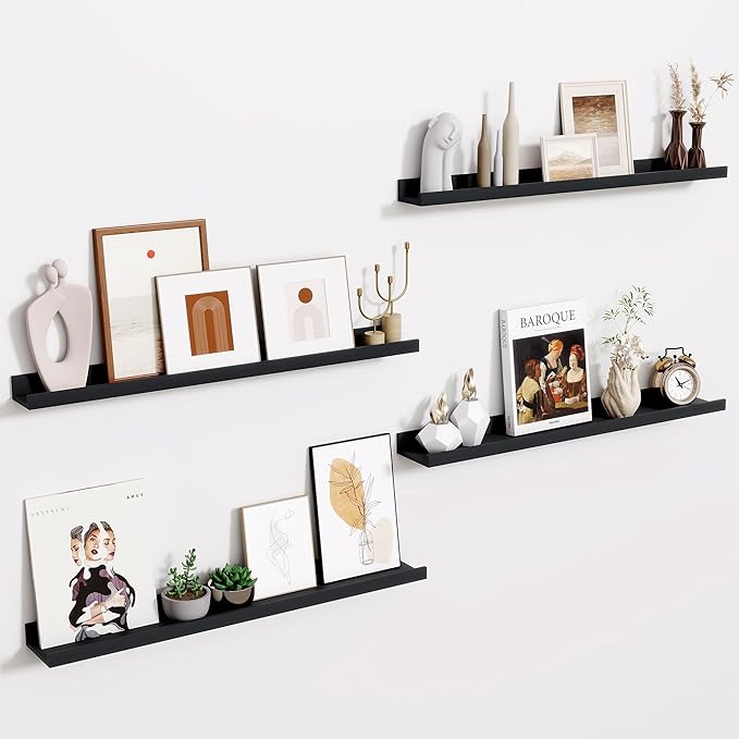 Fun Memories Picture Ledge Shelf - 30 Inches Floating Shelves Set of 4 - Floating Shelves with Lip for Storage - Wood Bookshelf Wall Mounted for Bedroom - Living Room - Kitchen - Black Color