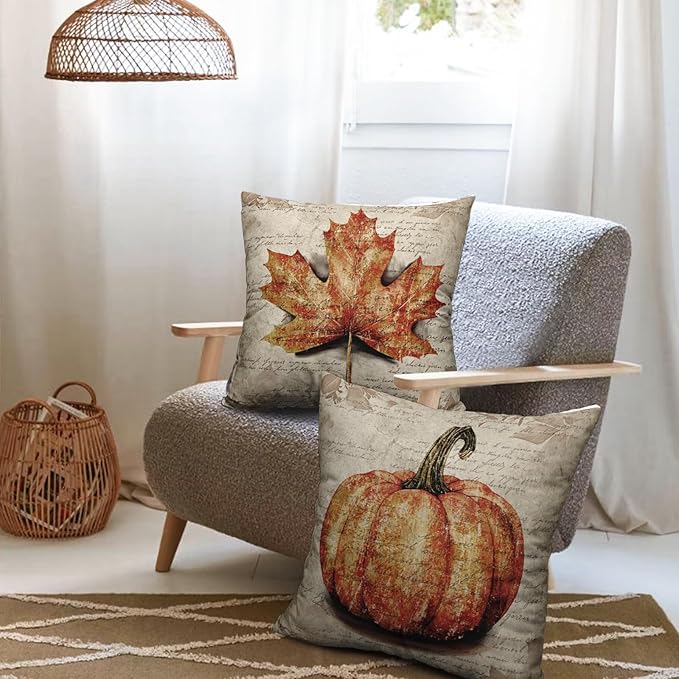 Fall Decorative Pillow Covers 24x24 Set of 2 Vintage Fall Burnt Orange Pumpkin Maple Leaf Throw Pillows Rustic Farmhouse Autumn Thanksgiving Outdoor Cushion Case for Couch Sofa