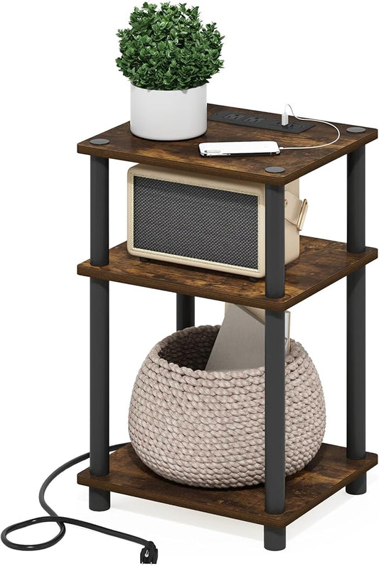 Furinno Just 3-Tier Turn-N-Tube USB and Type-C Charging Port End Table with Open Storage, 11.42 (W) x 8.82 (H) x 6.77 (D) inches, Amber Pine/Black
