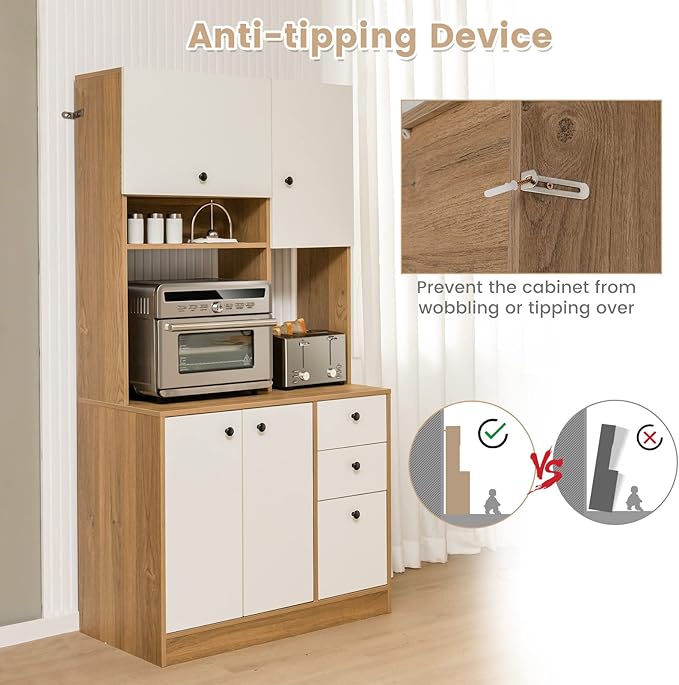 Giantex Kitchen Pantry, Buffet Hutch with 3 Storage Cabinet, 71'' Floor Large Cupboard with 3 Deep Drawers, Wide Countertop, Adjustable Shelves, Tall Sideboard (White & Natural)
