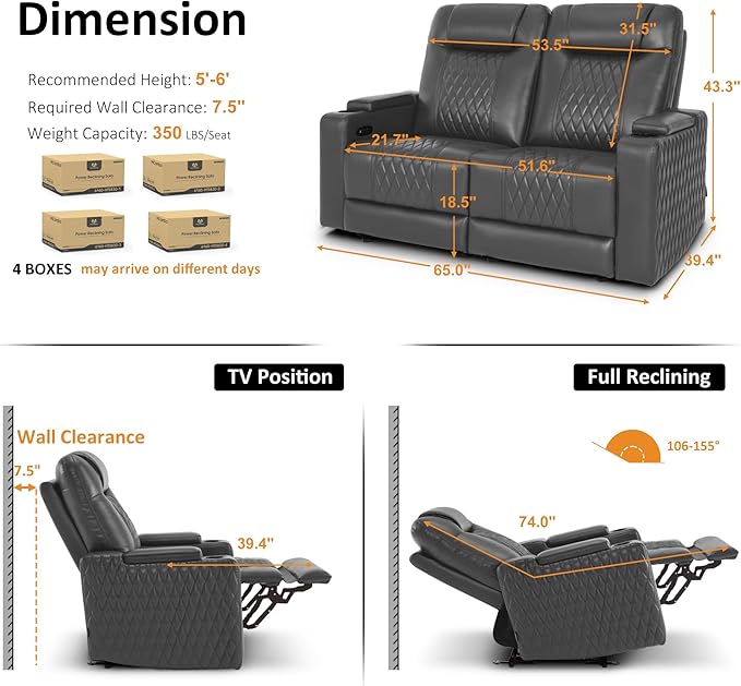 MCombo 65" Zero Gravity Oversized Power Reclining Loveseat with Adjustable Headrest for Living Room, Double Recliner Sofa with USB & Type C Port, Armrest Storage & LED Light HTS401SET