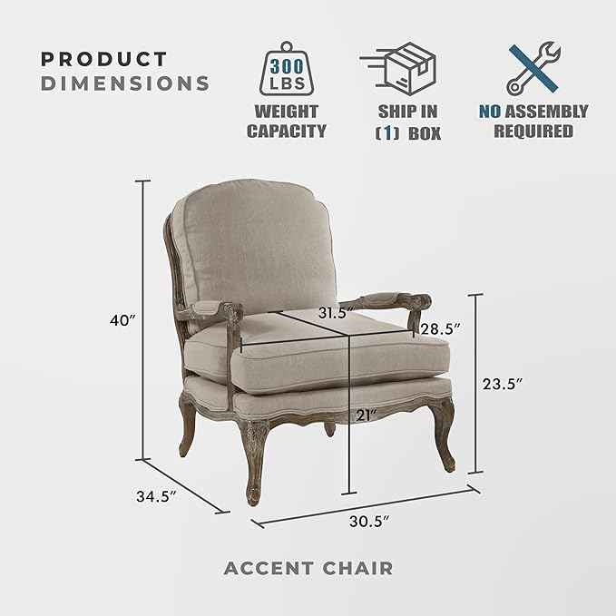Lexicon Oak Distressed Solid Wood Accent Chair with Feather Down Seating, Natural Linen Fabric Padded Armchair for Living Room, Bedroom, Reading Room, or Sunroom, Neutral