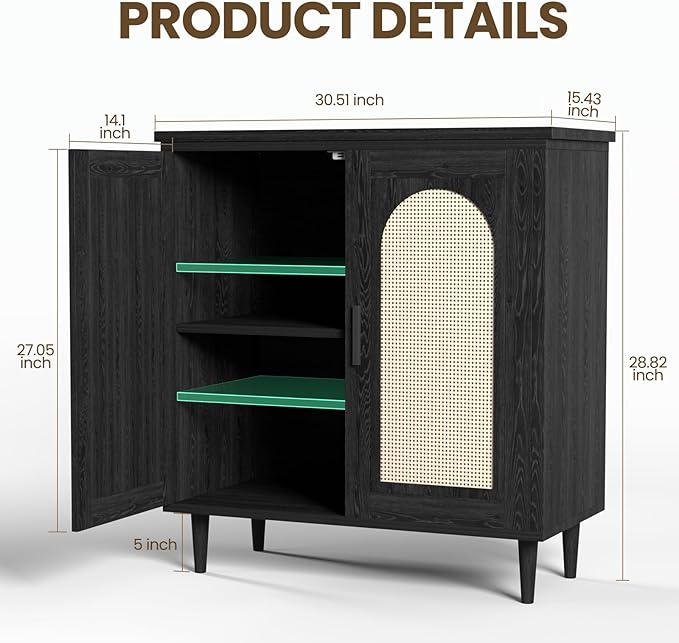 GarveeHome Sideboard Buffet Kitchen Storage Cabinet with Rattan, Solid Wood Feet for Living Room, Hallway, Entryway, Cabinet with Ample Storage Space(1PCS)