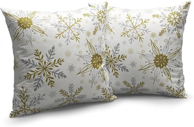 Christmas Snowflake Pillow Covers White Gold Gray Xmas Throw Pillow Cases 24x24 Set of 2 Seasonal Winter Holiday Cotton Linen Pillowcase for Farmhouse Bed Couch Sofa Living Room Decor