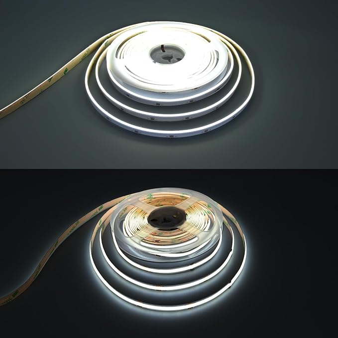 TOPAI Side Emitting 24V COB LED Strip Cool White 6000K 16.4ft Dotless 480LED/M High Density CRI>90 Self Adhesive Cuttable Flexible 8mm Width LED Tape for Home, Office DIY Lighting