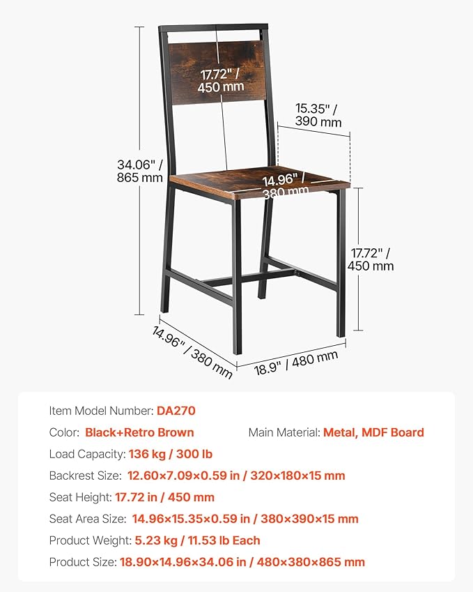 VEVOR Dining Chairs Set of 2, Wooden Chairs with Metal Frame and Backrest, Easy to Assemble Leather Side Chair, Modern Farmhouse Walnut Chair for Kitchen Living Room, Rustic Brown and Black