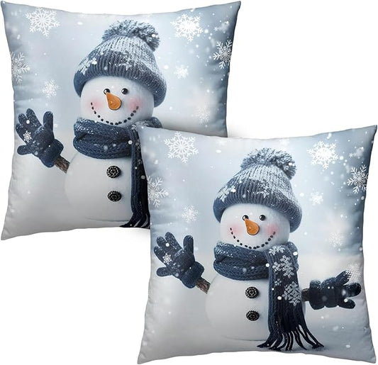 Snowman Pillow Covers 16x16 Set of 2 Winter Throw Pillow Cover Snowflake Pillowcase Simple Christmas Decor Cushion Covers Cotton Blend for Bed Sofa Living Room