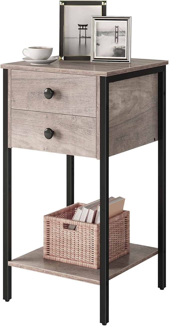HOOBRO Tall Nightstand, End Table with 2 Drawers and Storage Shelf, Industrial Telephone Side Table for Study, Bedroom, Space Saving, Easy Assembly, Greige and Black BG72BZ01