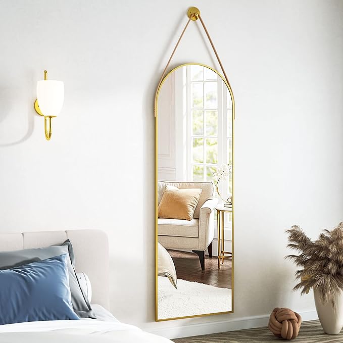 HARRITPURE 16"x48"Arched Mirror with Hanging Leather Strap Full Length Mirror Aluminum Frame Wall-Mounted Arch Hanging Mirrors for Bathroom Vanity Living Room Bedroom Entryway, Gold