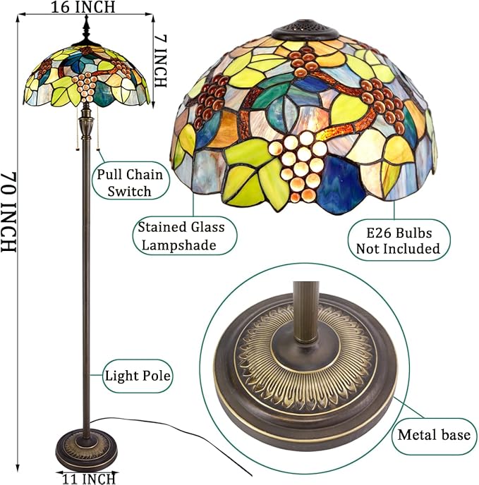 Tiffany Floor Lamp Stained Glass Lamp Standing Reading Light 16x16x70 Inch for Living Room (Amber Grape)