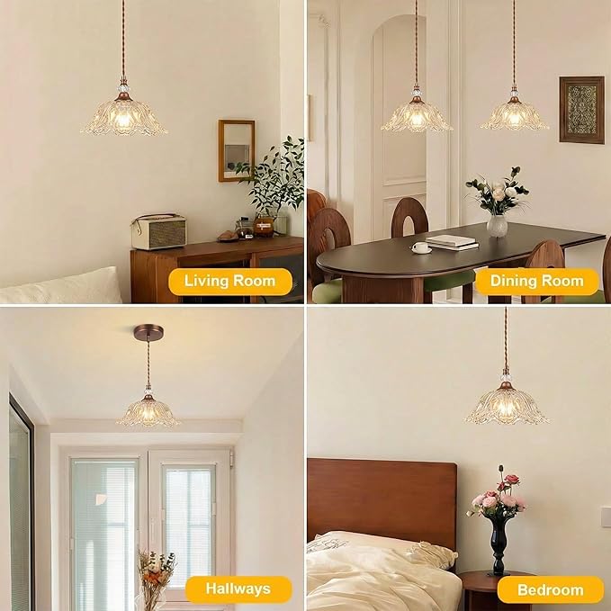 1 Piece Vintage Chandelier Light Fixtures with Crystal Glass Shade, Antique Red Bronze Finish Pendant Light for Kitchen Island, Hanging Light Fixture for Dining Room, Hallway, Living Room, Bedroom