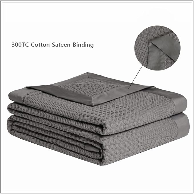 meadow park Cotton Waffle Blanket with Sateen Binding - King Size - Lightweight and Breathable - Charcoal Color