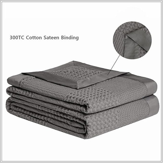 meadow park Cotton Waffle Blanket with Sateen Binding - King Size - Lightweight and Breathable - Charcoal Color