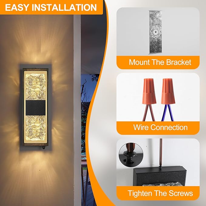 Dusk to Dawn Outdoor Lighting,Porch Lights Outdoor IP65 Waterproof Exterior Lighting Fixtures 12W LED Crystal Modern Outside Light for House Hallway Doorway Patio,14.2'' Back&Gold (1PCS)