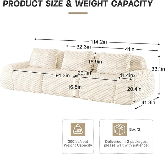 KEIKI 114" Oversized 3-Seater Boneless Couches for Living Room, Space Friendly Modular Sectional Velvet Sofa, Deep Seat Soft Lounge Couch No Assembly for Apartment Setup, Modern Comfort Design, Cream